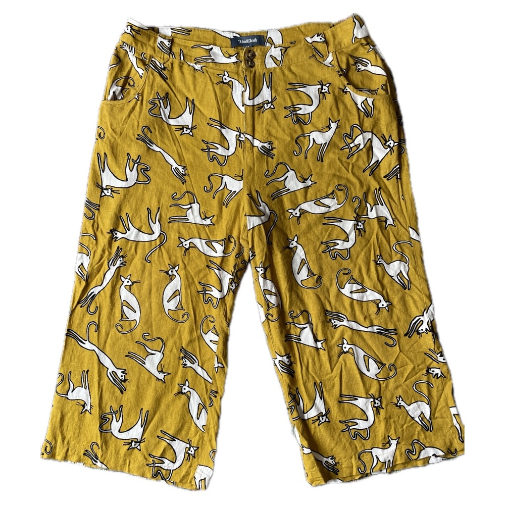 ModCloth Wide-leg Cropped Pants Mustard Yellow with Cats Pants Size 14
